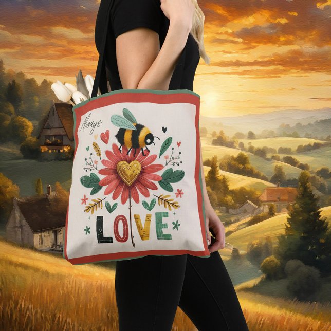 Bolsa Tote Amor Floral De Abelhas De Torre (Tote bag featuring a retro painting of a bumble bee on a flower with LOVE text.)