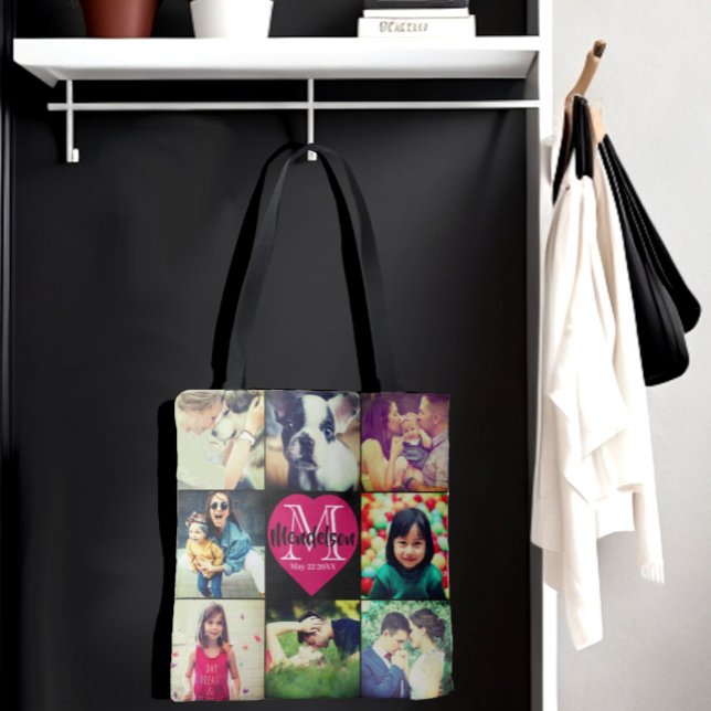 Bolsa Tote Amor no Carregar Único de Colagem de Fotos (Personalized photo and name initial heart monogram tote bag)