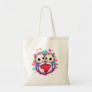 Bolsa Tote Amor Puro: Gatos Casais de Kawaii com Coração