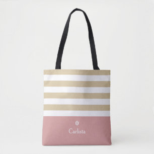 Bolsa Tote Ampla faixa horizontal cor-de-rosa e margarida