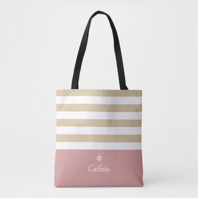 Bolsa Tote Ampla faixa horizontal cor-de-rosa e margarida (Frente)