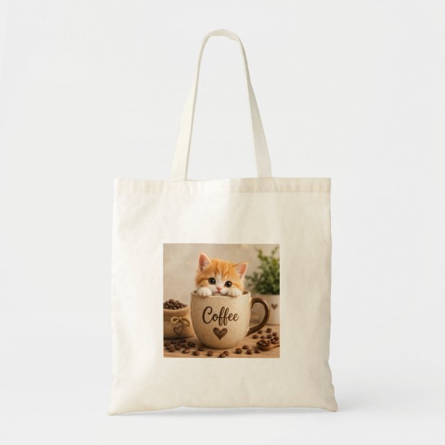 Bolsa Tote Amuleto de Gatinho na Xícara de Café (Frente)