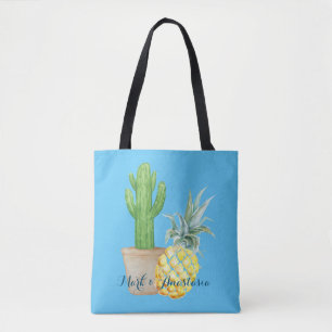 Bolsa Tote Ananás Azul e Cactus de Amor Moderno