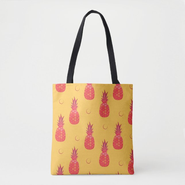 Bolsa Tote Ananás rosa sobre fundo laranja. Peça sem costura (Frente)