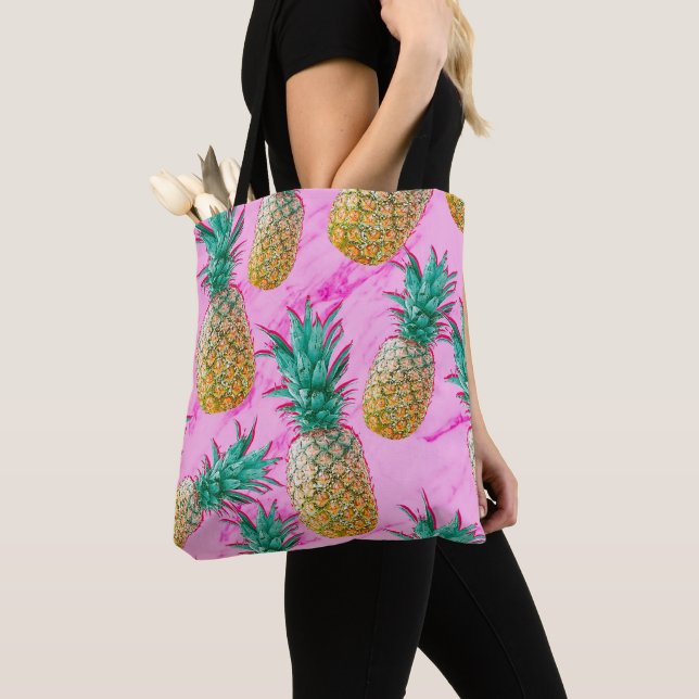 Bolsa Tote Ananases Tropicais e mármores cor-de-rosa (Close Up)