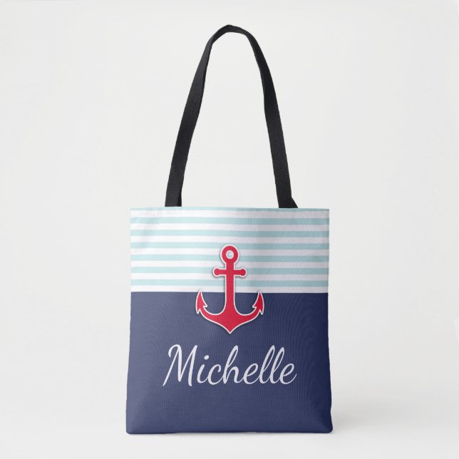 Bolsa Tote Anchor Vermelho Design Azul Moderno Escuro (Frente)