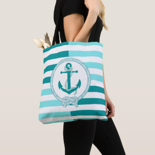 Bolsa Tote Âncora azul do navio aqua náutico, faixa azul aqua