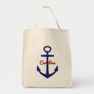Bolsa Tote Âncora azul e vermelho personalizada náutica