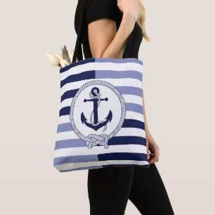 Bolsa Tote Âncora de navio azul marinho náutico, faixa azul m