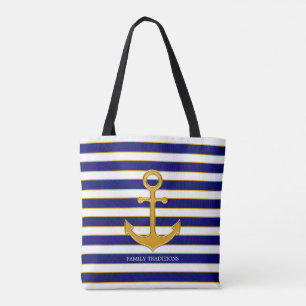 Bolsa Tote Âncora dourada elegante em listras azuis e brancas