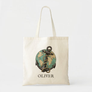 Bolsa Tote Âncora e Globo Vintage: Viajante Náutico Mundial