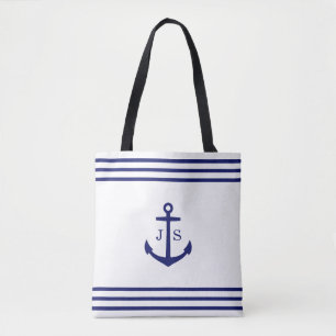 Bolsa Tote Âncora monograma náutica (branco e azul)