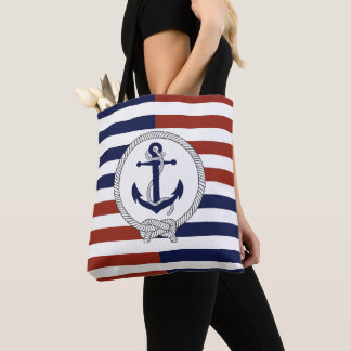 Bolsa Tote Âncora náutica azul do navio, marinho, faixa verme