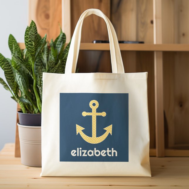 Bolsa Tote Âncora Náutica com Padrão de Cevão Amarelo Marinho (Personalized tote bag - cute anchor with name)