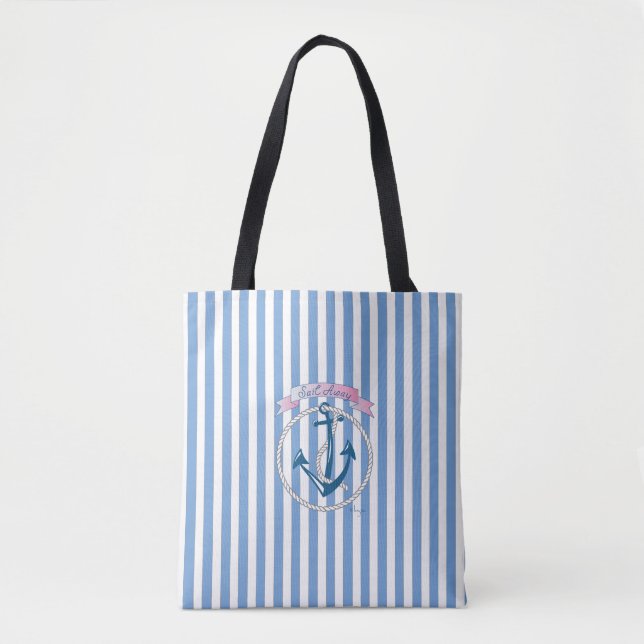 Bolsa Tote Âncora Náutica, "Sail Away", Faixa Azul, Legal (Frente)