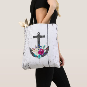 Bolsa Tote Âncora Rústica de Praia & Náutica de Verão Floral 