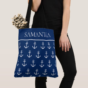 Bolsa Tote Âncoras brancas no Marinho azul personalizado