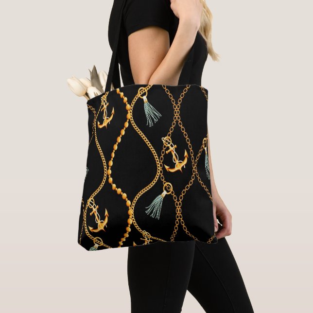 Bolsa Tote Âncoras e cadeiras náuticas pretas (Close Up)