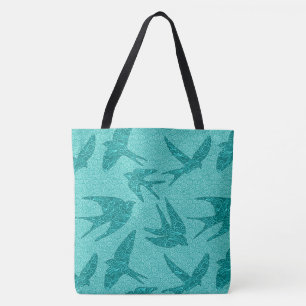 Bolsa Tote Andorinhas do japonês em vôo, turquesa e Aqua