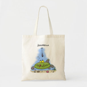 Bolsa Tote Animação de peixe verde esfomeado e gordo Engraçad
