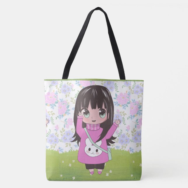 Bolsa Tote animadora feliz com flores (Frente)