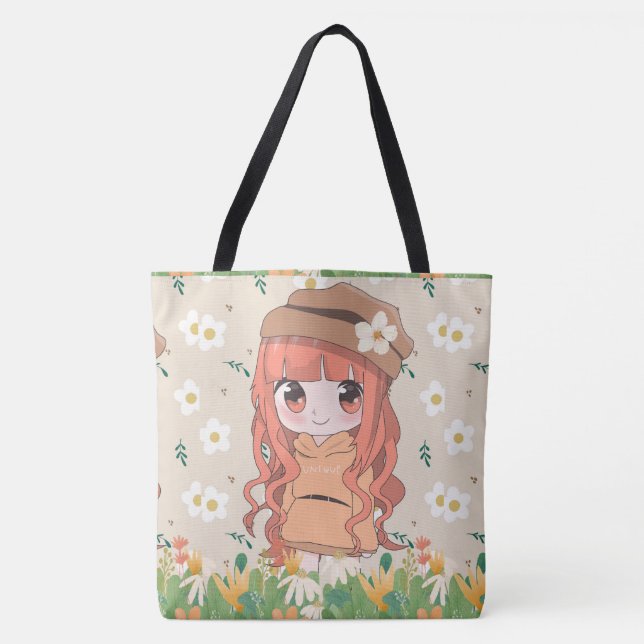 Bolsa Tote animadora feliz com flores (Frente)