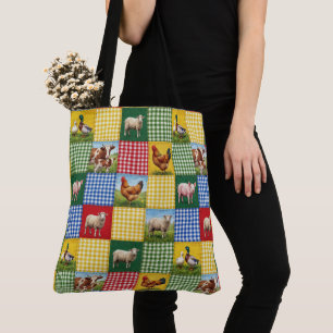 Bolsa Tote Animais da Fazenda e Colcha de Retalhos Xadrez