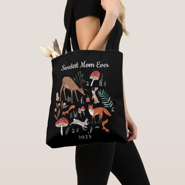 Bolsa Tote Animais da Floresta Natal Preto  (Close Up)