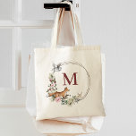 Bolsa Tote Animais Florais da Floresta Rústica Monograma de D<br><div class="desc">Saco tote de água-forte floral redondo rústico com vegetação e animais da floresta,  raposa,  coruja,  coelho com monograma. Presente para a festa de casamento ou ocasiões especiais.</div>