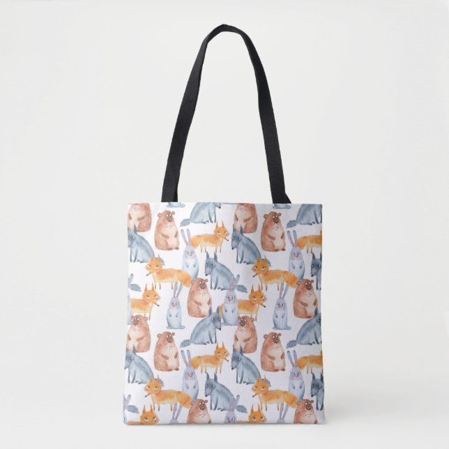 Bolsa Tote Animais florestais. Aquarela (Frente)