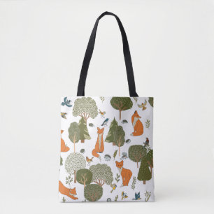 Bolsa Tote Animais florestais: raposas, padrões de aves