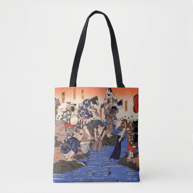 Bolsa Tote Animais Japoneses Lavando Roupas (Frente)