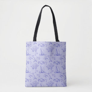 Bolsa Tote Animais marinhos e padrão de desenho de uma linha 
