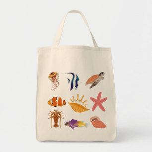 Bolsa Tote Animais marinhos: peixe, tartaruga, concha, medusa