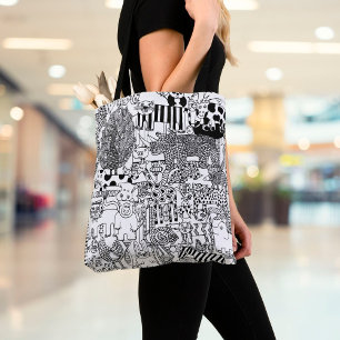 Bolsa Tote Animais Selvagens Arte Desenhada à Mão Preto e Bra