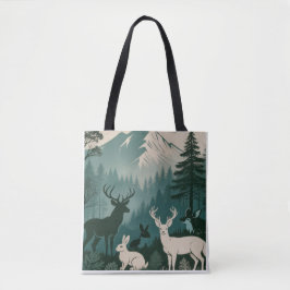 Bolsa Tote Animais Selvagens de Madeira Rústica Cena de Cervo