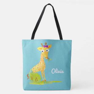 Bolsa Tote Animal azul personalizado girafa da aguarela das