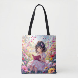 Bolsa Tote Anime Girl Reading  in Flowers and Musical Notes