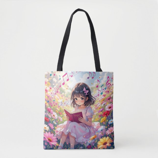 Bolsa Tote Anime Girl Reading  in Flowers and Musical Notes (Frente)