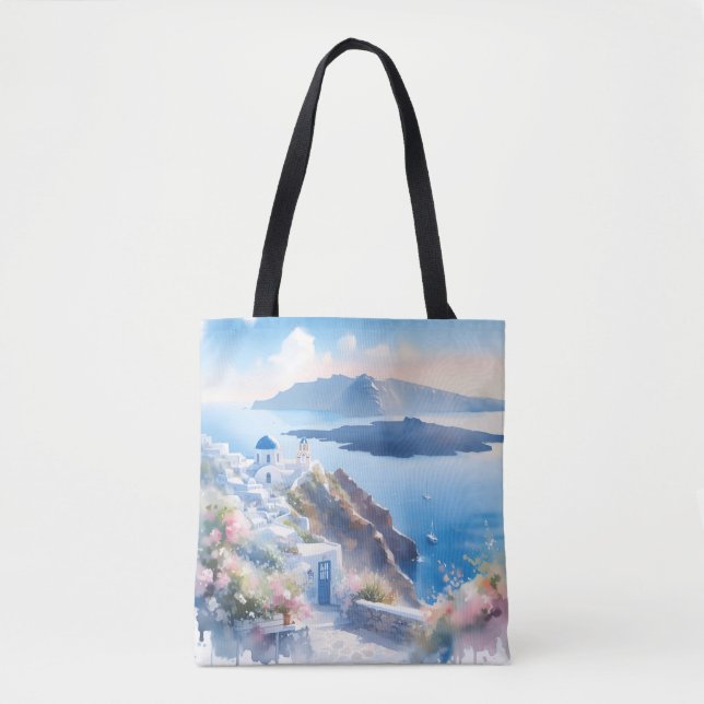 Bolsa Tote Aniversário de Casamento Azul Clássico de Santorin (Frente)