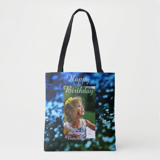 Bolsa Tote Aniversário de criança de fotos azul verde-brilhan (Frente)