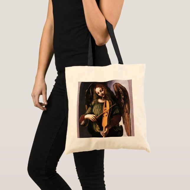 Bolsa Tote Anjo de Leonardo da Vinci em Verde com uma Viela (Frente (produto))
