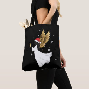Bolsa Tote Anjo de Natal Preto Elegante com Asas Douradas