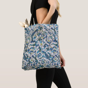BOLSA TOTE ANTIGO FLORENTINO FLORAL AZUL TEAL, PAVÕES, PÁSSAR