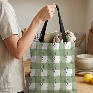 Bolsa Tote AOP Xadrez Coração Verde Sage Estética