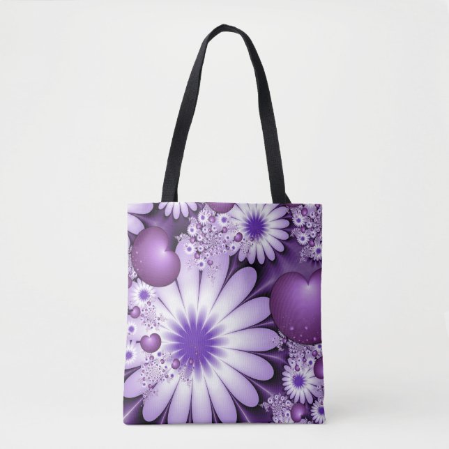 Bolsa Tote Apaixonando Flores de Abstrato e Corações Fractais (Frente)