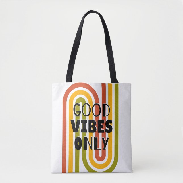 Bolsa Tote 'Apenas Vibrações Boas' Arco-íris Retrô (Frente)