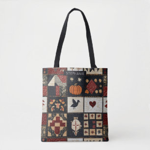 Bolsa Tote Appliqué de fazenda primitiva e geométrico