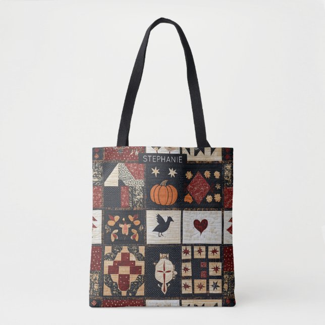 Bolsa Tote Appliqué de fazenda primitiva e geométrico (Frente)
