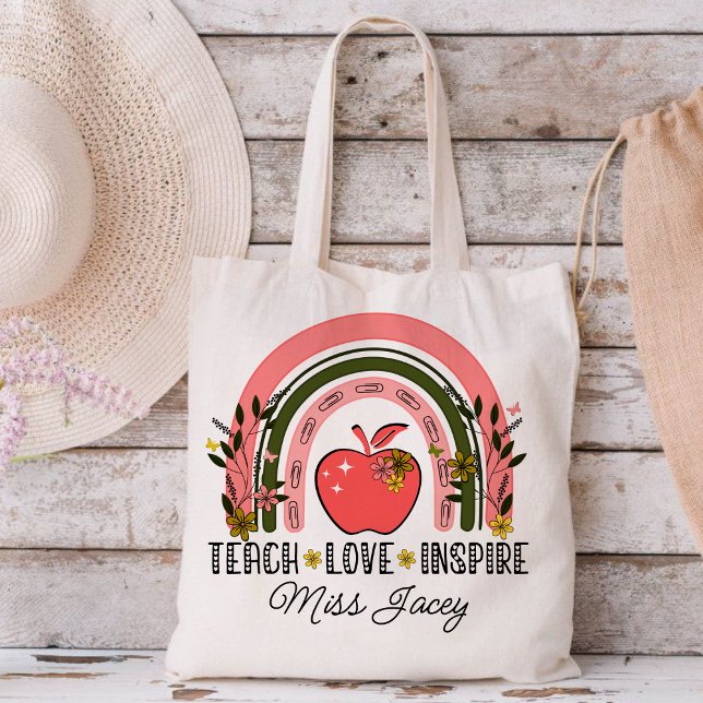 Bolsa Tote Apreciação do Professor Arco-Íris de Ensino ao Viv (TEACH LOVE INSPIRE RAINBOW Personalized Name Teacher tote bag, teacher gift, teacher appreciation )